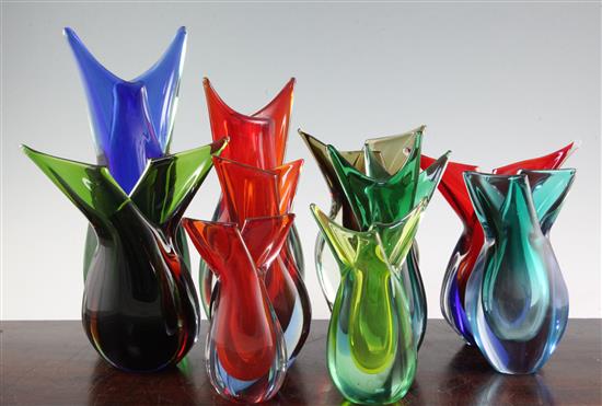 Ten Murano Sommerso and coloured glass fish-form vases, 1950s-70s, 15cm - 31.5cm